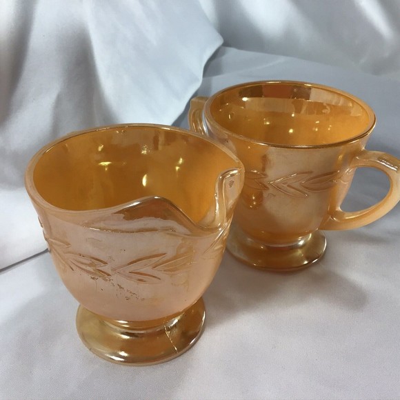 Peach Luster Ware Fire King Iridescent Sugar Creamer Leaf Pattern Mid Century - Picture 6 of 10
